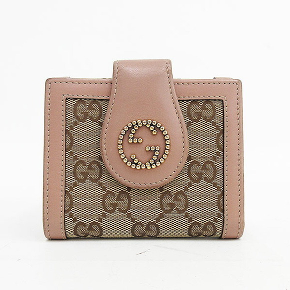 Gucci GG Double Hook Bifold Wallet Pink Beige Canvas Leather - Picture 1 of 10